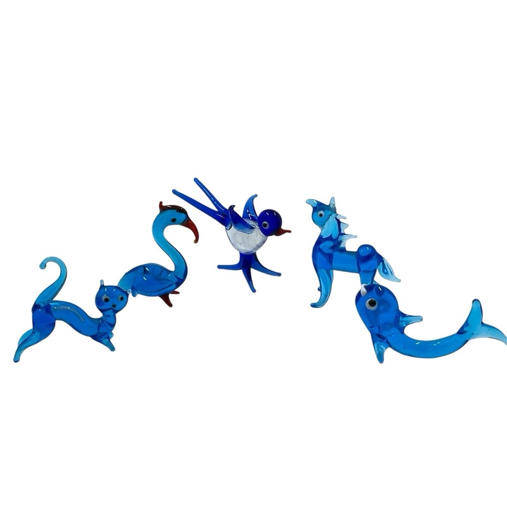 Art‎ Glass Mini Hand Blown Animal Figurines Vintage Lot Blue Cat Swan Bird